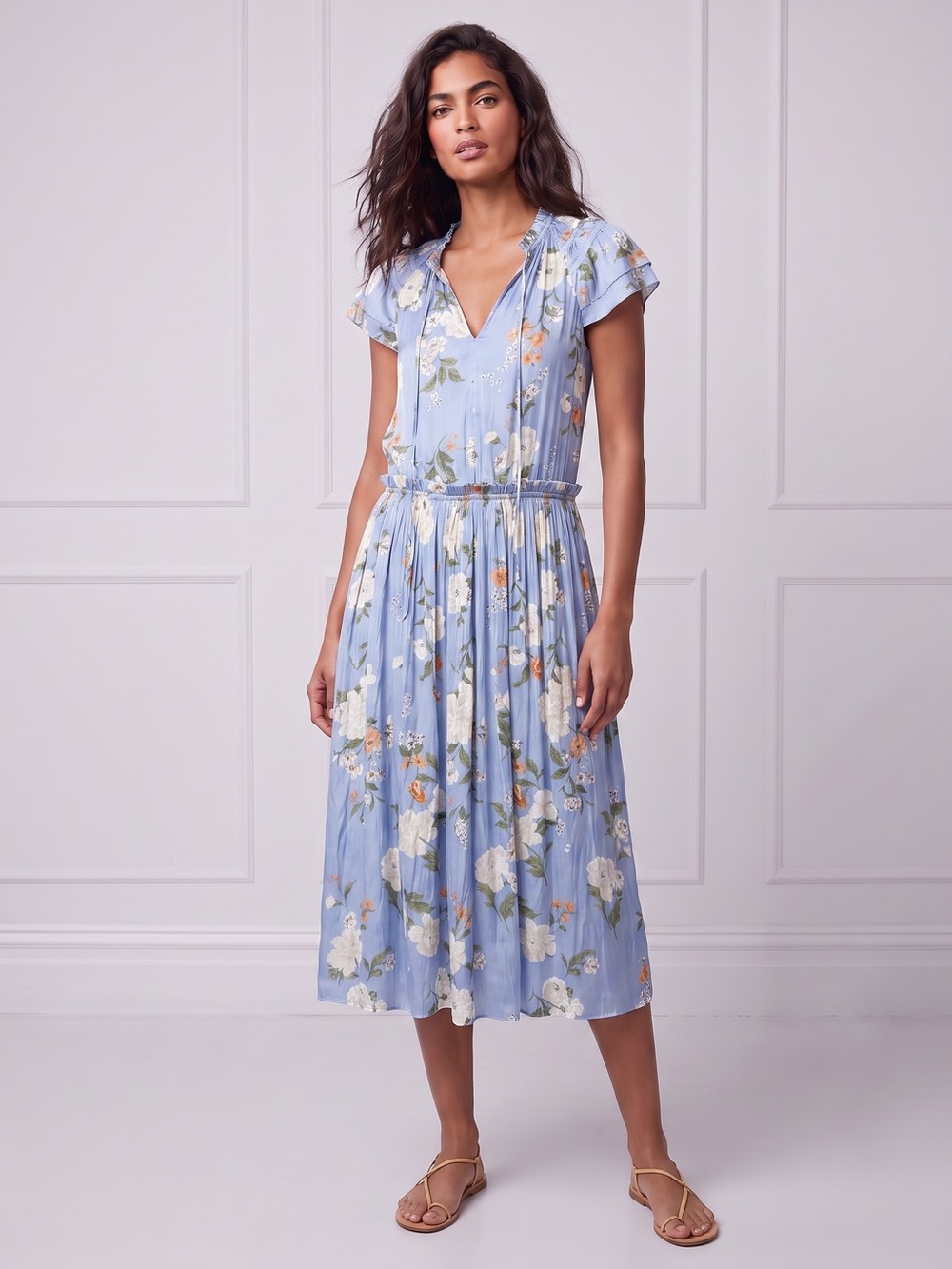 Anthropologie Current Air Felicity Blue Floral Satin Pleated Midi Dress Sz S